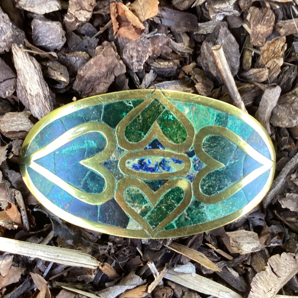 Beautiful Brass Jasper/Turquoise Heart Inlay Design Belt/Scarf Buckle Slide - Picture 4 of 10
